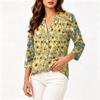 Vintage Floral Print Button Down Shirt Women Henley Neck Three Quarter Sleeve Linen Cotton Blouse Casual Lightweight Top