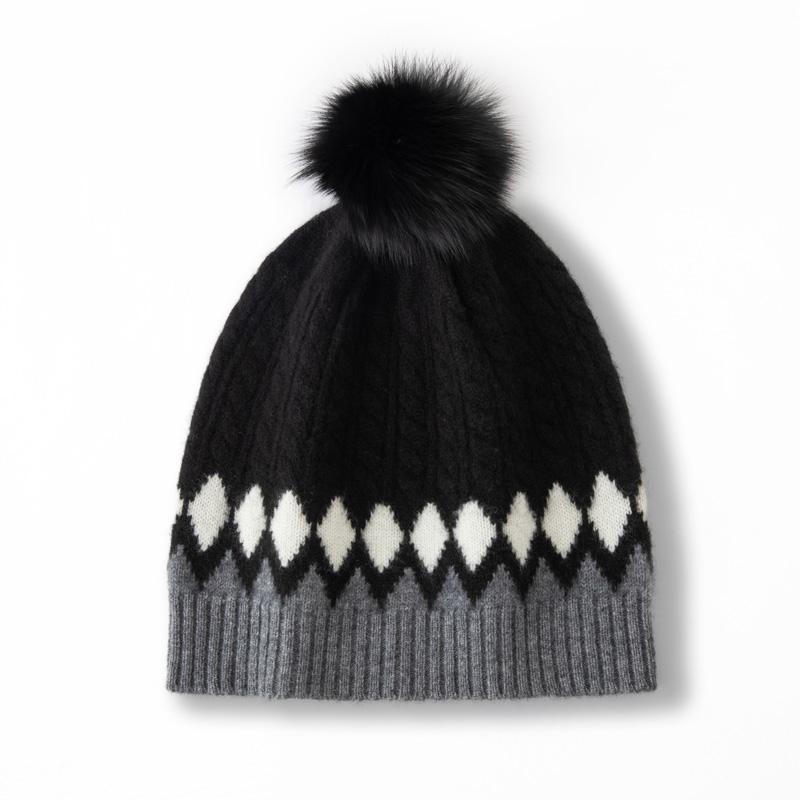 

Women 100% Cashmere Beanie Hat Two Tone Color Block Pom Pom Detail Cable Knit Winter Warm Soft Slouchy Skullies Cap чорний