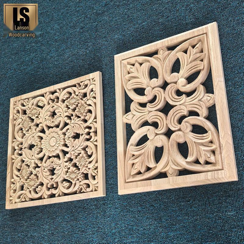 European-Style Openwork Square Wood Carving: French Retro Flower Inlay for Decorative Cabinets, Doors, or Windows.