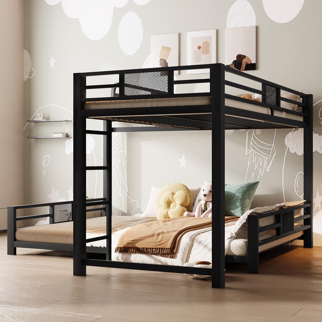 L-förmiges Metall-Etagenbett 90x200 über 140x200, Schwarz
