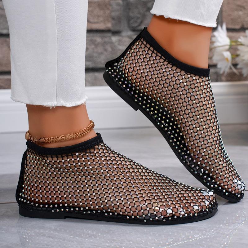 Ladies' Summer Round Toe Sandals with Hollowed Out Internet Celebrity Studded Diamond Short Boots, Sexy Plus Size Flat Shoes, Breathable