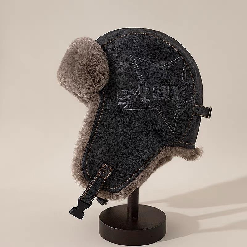 American Pilot Hat Men's and Women's Winter Velvet Thickened Warm Cycling Ear Protection Hat Retro Pu Leather Hat