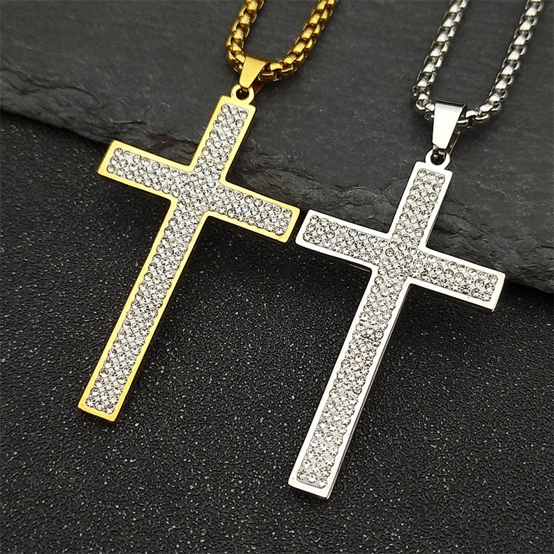 Trendy Cross Rhinestone Pendant Necklace For Women Men Stainless Steel Silver Color Religion Catholic Chain Jewelry Gifts