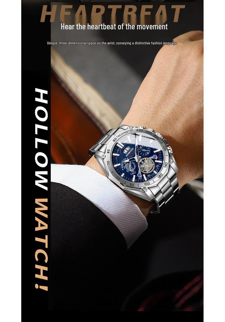 BINBOND Men's Luminous Trendy Tourbillon Watch with Steel Band, Three Dials & Six Hands