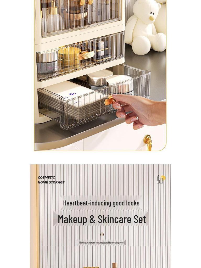 Foldable Double Door Skincare Organizer with Drawers and Multi-Layer Storage