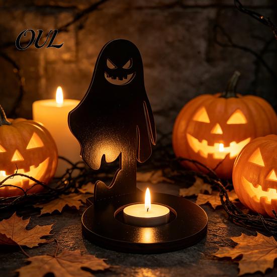 Anti Deformation Wood Base Halloween Wooden Shadow Candle Holder, Scarecrow Bat Black Cat Ghost Silhouette Artistic Table Ornament for Home