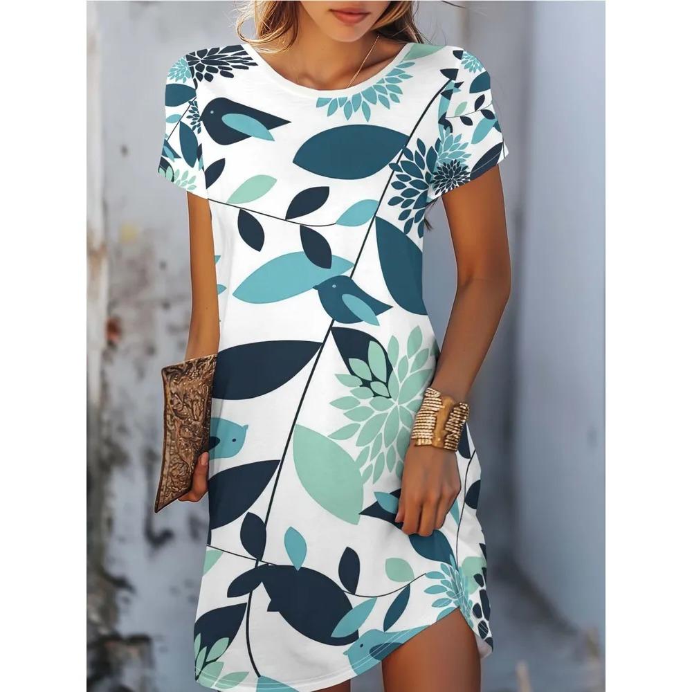 Blumen Retro Muster Damen Minikleider Sommer Kurzarm Bedruckt Große Größen Lässig Bequem Weiches Kleid