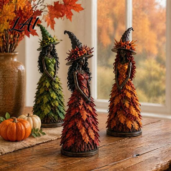 Statue Decorative per Caminetto da Interno Statuetta Strega Autunnale Halloween Statuetta da Tavolo Autunnale con Foglia Decorazione Spettrale per Feste Abito Stagionale Resina