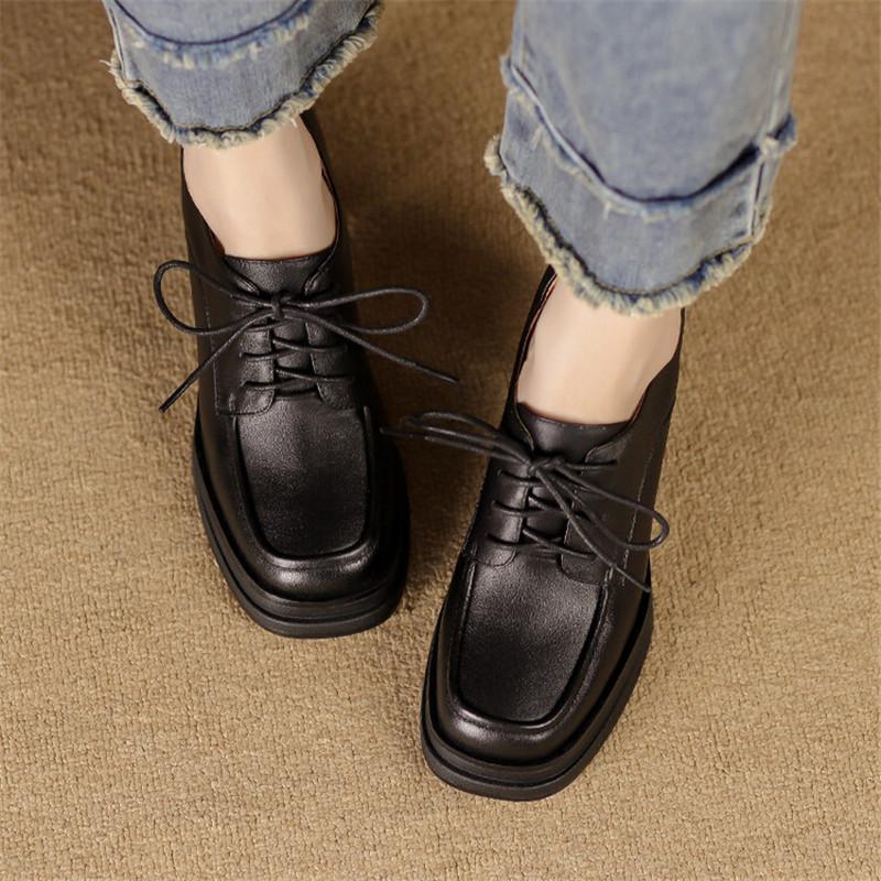 Fashion 2025 New Spring/Autumn Square Toe Chunky Heel Genuine Leather Women Pumps Lace Loafers Shoes for Women Ladies Shoes High Heels