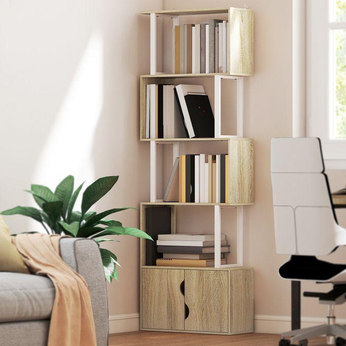 Bookshelf - HOMCOM - 5 Levels - Shelves and Double Door Cabinet - Particleboard - 60 X 23.8 X 179.2 Cm - Natural Wood