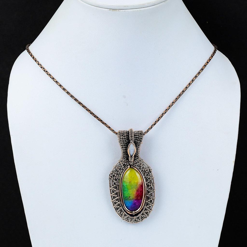 Rainbow Solar Quartz & Moonstone Gemstone Pure Copper Wire Wrap Handmade Lavish Jewelry Pendant