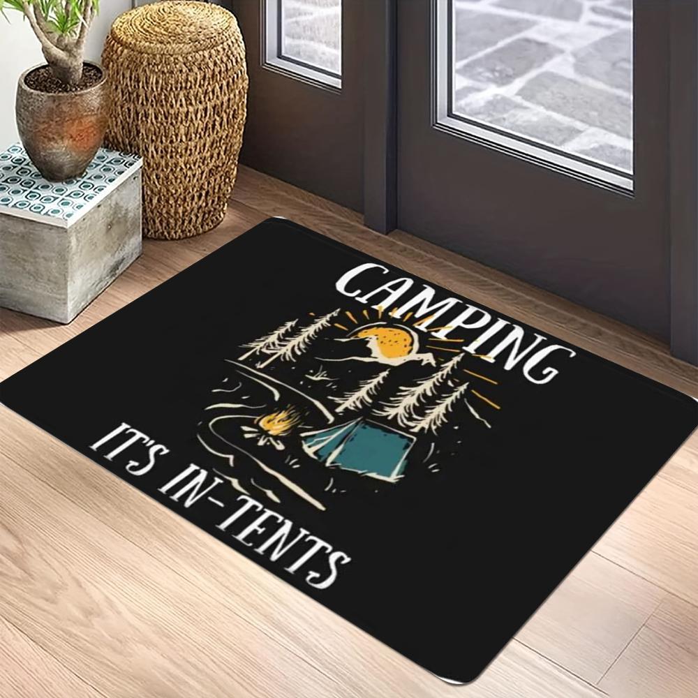 

Adventure Before Dementia Badge Carpet Mat with Mountain Campfire Design Anti-Slip Rug Camping Enthusiast Home Decoration 30x50cm