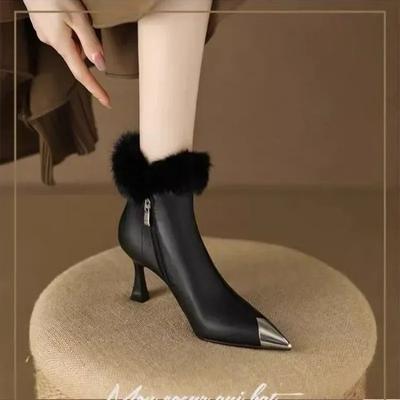 Bottines Chelsea à talons hauts et peluche pour femmes, chaussures de luxe à bout pointu et fermeture éclair, style gladiateur, tendance hiver
