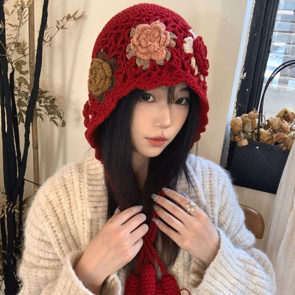 Hollow Out Tassel Beanies Bohemian Style Knit Cap Fashion Ethnic Style Hat  Girls