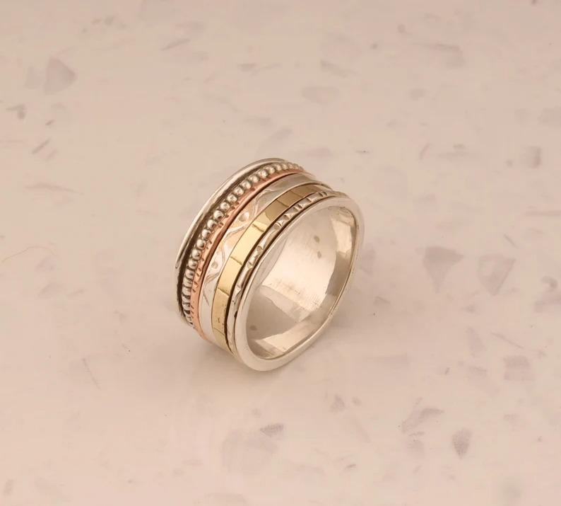 Ručně vyrobený designový prsten Spinner Band, stříbro 925, masivní prsten, unisex prsten, Statement Ring, Party Ring,