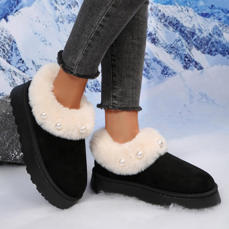 Non Slip Thick Bottom Furry Snow Boots Women 2025 Winter Chunky Platform Wedge Heel Plush Ankle Boots Fluffy Fur Pearl Shoes