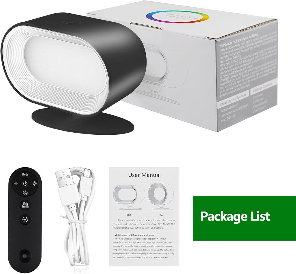 LED Wandleuchten, Wiederaufladbare Wandleuchtenlampe 3 Farben Fernbedienung und Touch, 360° Drehbar Dimmbare Wandleuchte für Schlafzimmer