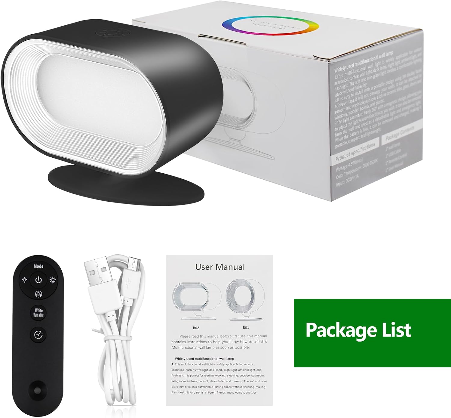 

LED Wall Mounted Lights, Rechargeable Wall Sconces Lamp 3 Color Remote and Touch, 360°Rotation Dimmable Wall Light for Bedroom