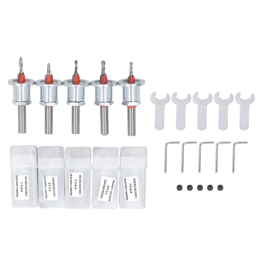 5pcs 8mm Round Shank Adjustable Countersink Bit Carbide Tipped Drill Bit For Metalworking