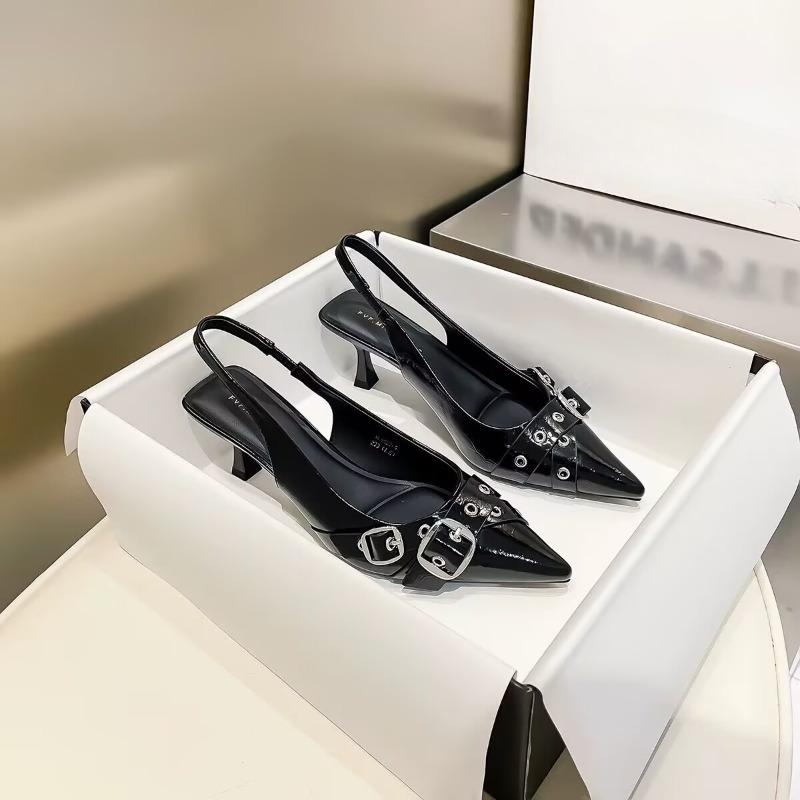 

Fashion Luxury Brand Designer Women Sandals Fashion Pointed Toe Buckle Strap Metal High Heeled Kitten Heel Elegant Single Shoes Female 35 чёрный