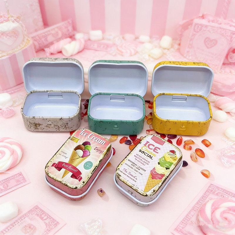 Retro Metal Storage Tin Box Ice Cream Pattern Sealed Lid Durable Small Organizer for Jewelry Rings Craft Small Parts