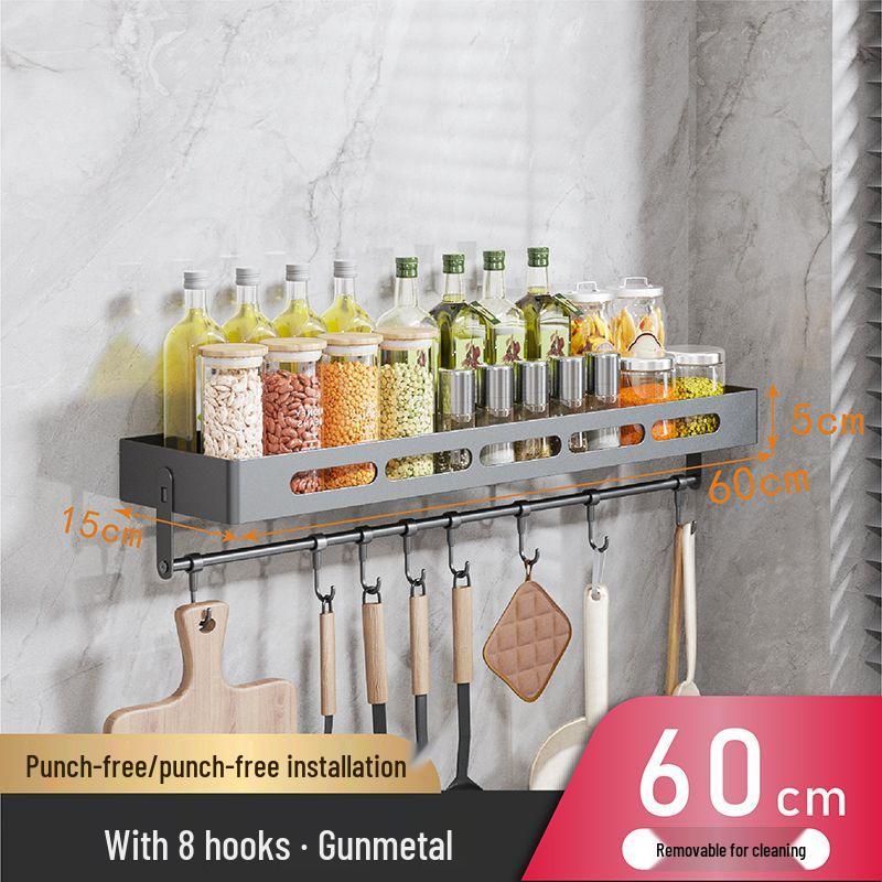 Charlotte Gunmetal Grey Wall-Mounted Kitchen Storage Rack with Seasoning Jar Organizer, Punch-Free