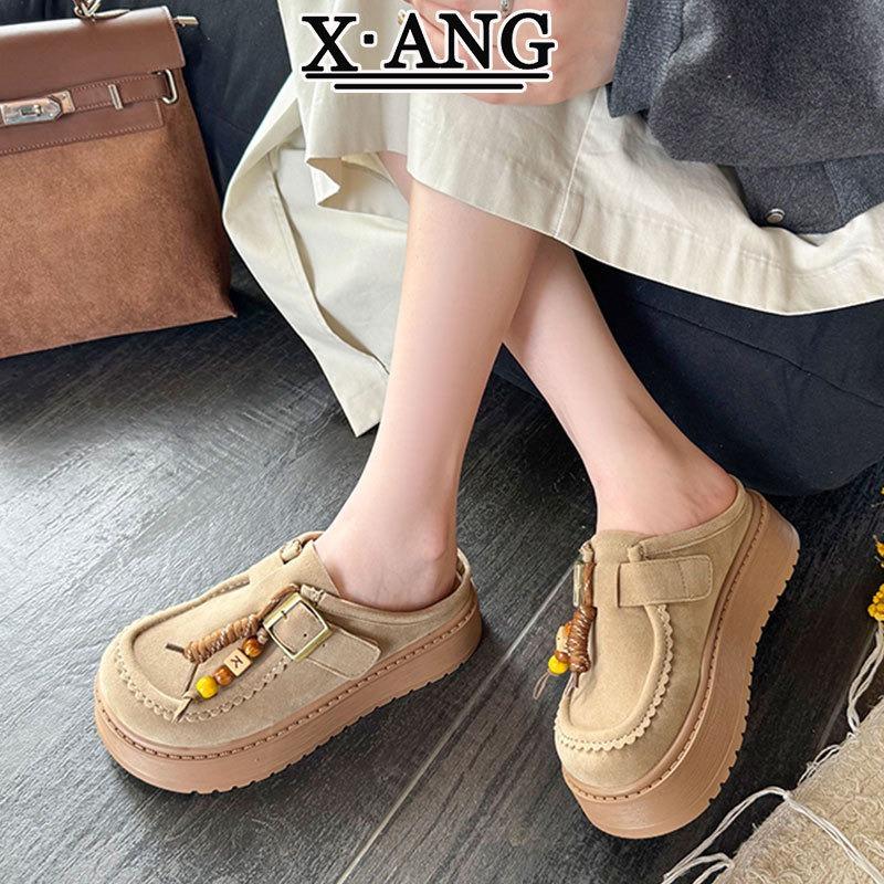 Cowhide version of bag head slippers, women's models can wear thick-soled autumn new thick-soled one-pedal single shoes