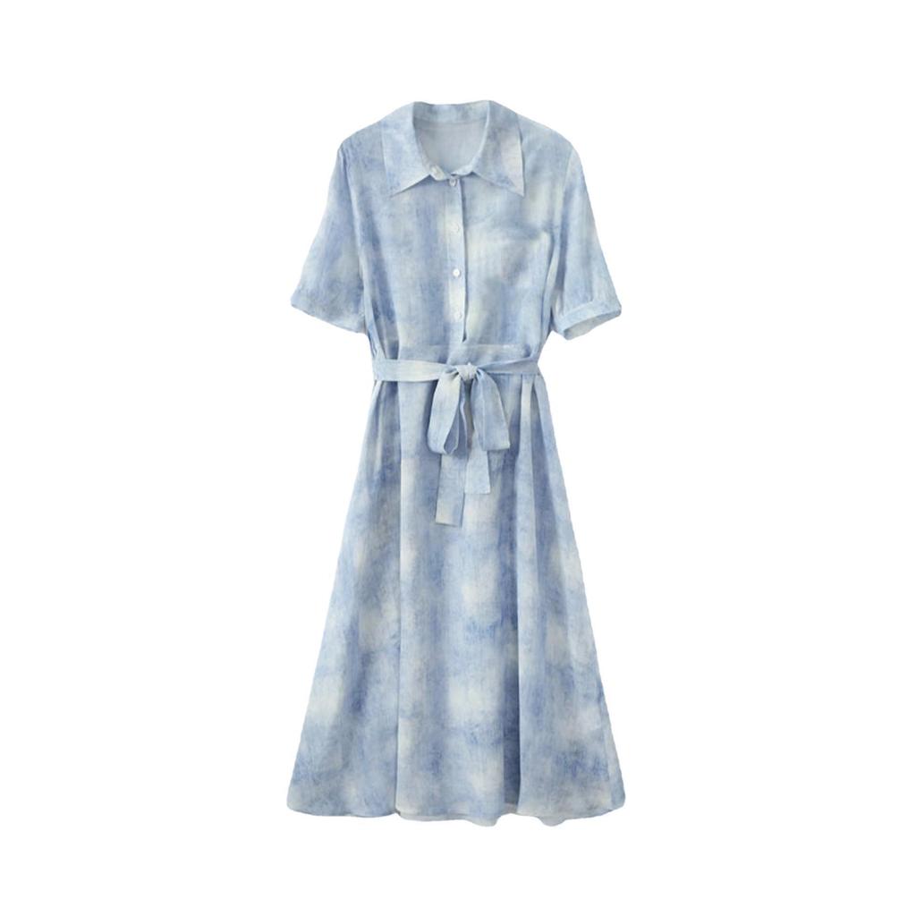 Luxury Tie-Dye Blue Mulberry Silk Dress - Women's Summer 2025 Collection