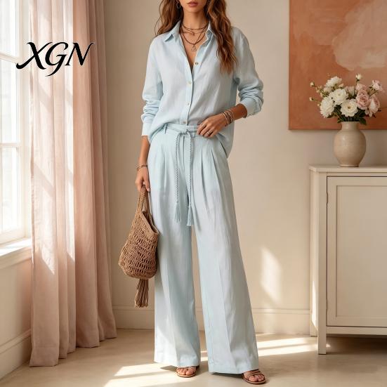 French Style Clothing Women Loose Casual Shirt Pants Set, Button Down Collar & Wide Summer Lounge Sets Leg Pants, Solid Color Matching Two Piece