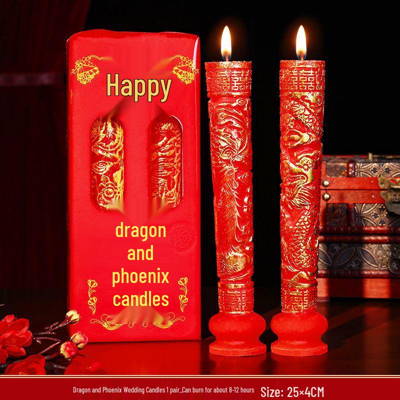 Smokeless Wedding Candles: Red Dragon & Phoenix, Double Happiness Pair