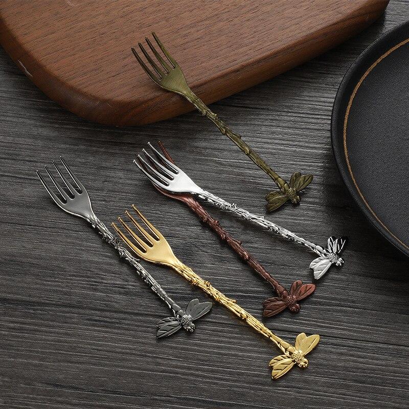 6pcs Stainless Steel Vintage Forest Style Coffee Spoon Dessert Spoon Dragonfly Branch Spoon Gift Craft Ice Cream Fork Spoon Set