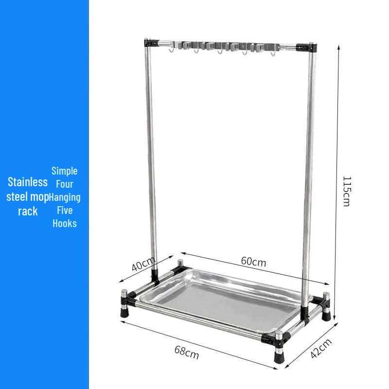 Stainless Steel Movable Mop and Broom Storage Rack for Commercial Hotel Linen Cart.