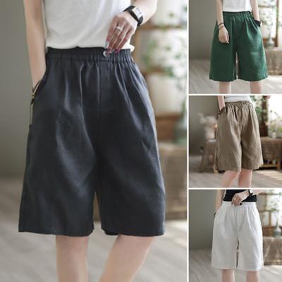 Women Shorts Wide Leg Elastic Waist Casual Pants Solid Color Loose Fit