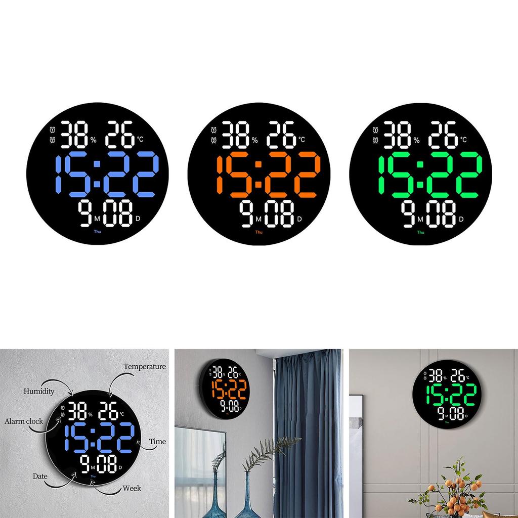 Multifunctional Wall Clock Round Remote Control Time Week Date Temperature Humidity Display for Home Dining Room