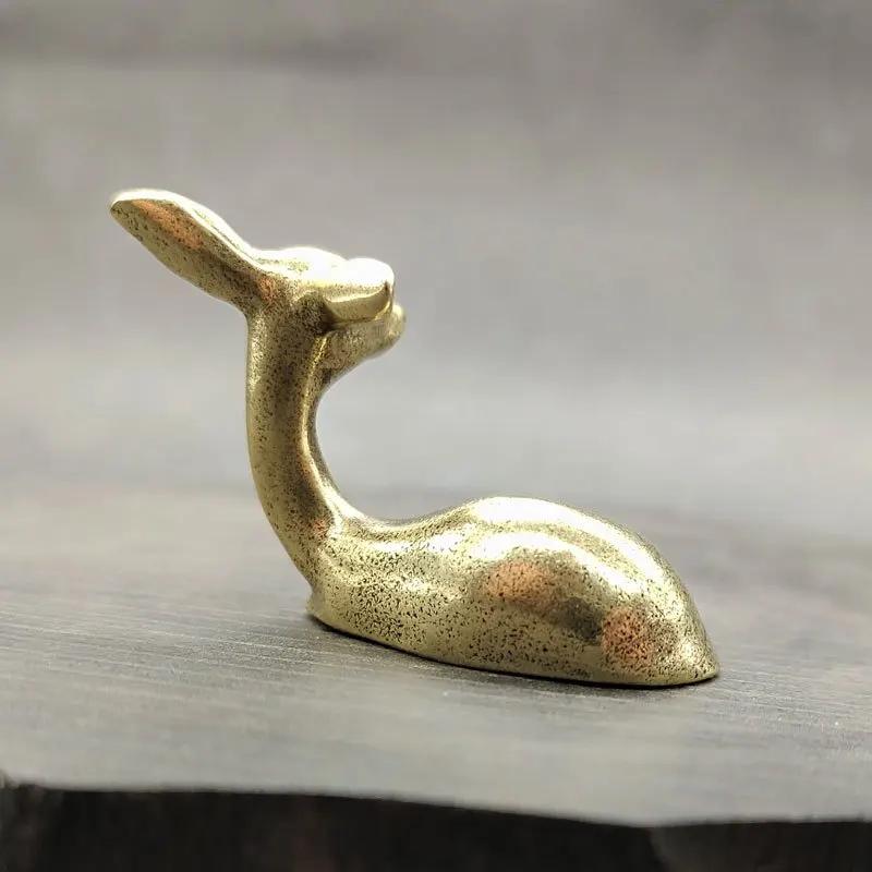 Vintage Copper Lying Sika Deer Figurines Miniatures For Home Garden Decoration Desktop Tea Pet  Brass Animal Statue Ornaments
