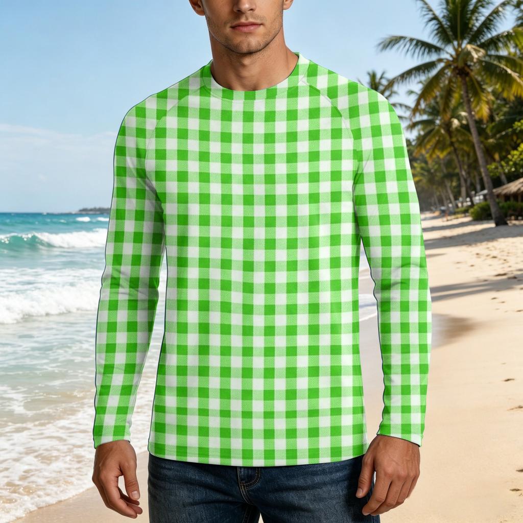 Men Long Sleeve UPF 50 Plus Sun Protection Shirt Outdoor Sports Fishing Casual Top Lightweight Breathable Quick Dry Crewneck Plaid Design