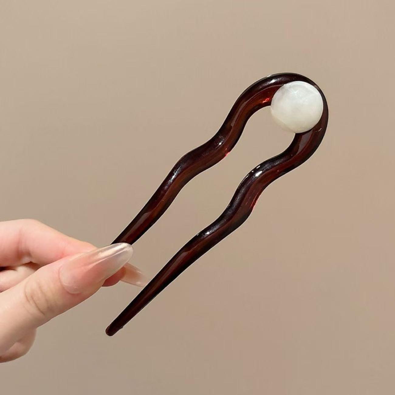 

High-End Beaded Coconut Jelly U-Shaped Hairpin - Retro Acrylic Hair Clip Accessory