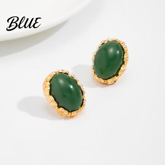 Hypoallergenic Feel Earrings 1 Pair Vintage Oval Stud for Women Retro Statement Textured Carved Gold Plated Gemstone Earrings Frame Chunky