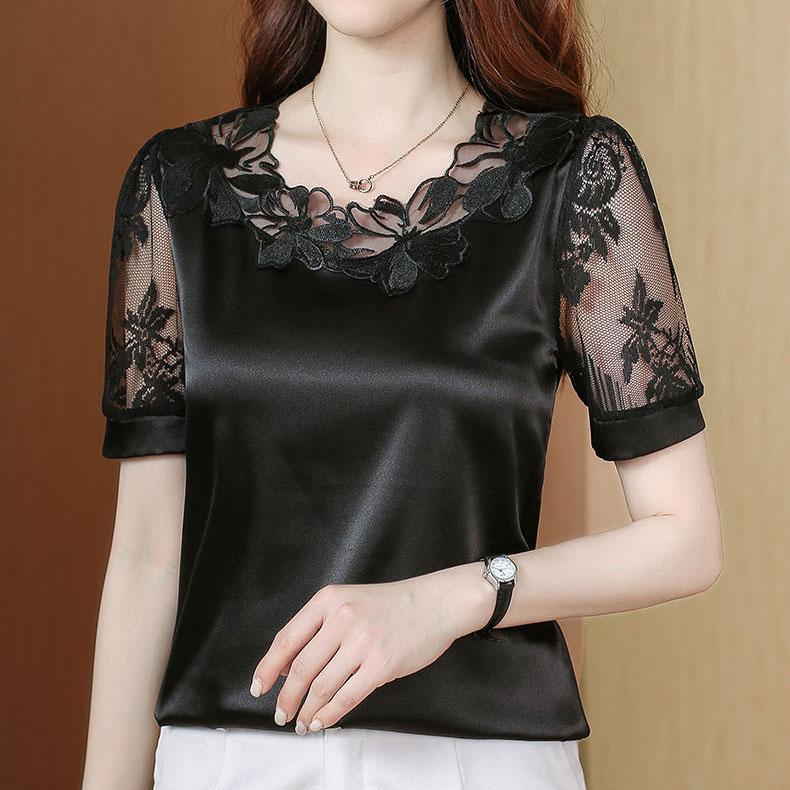 Spring/Summer Stretch Satin Lace Short Sleeve Top Plus Size Stitching Solid Color Shirts for Office Ladies