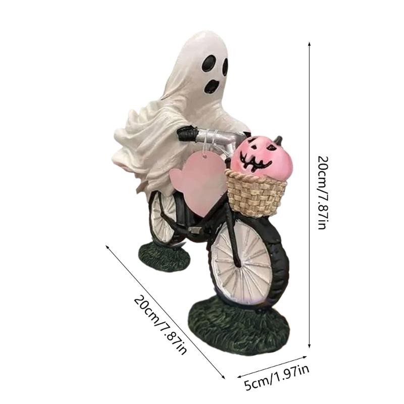 Ghostly Riding on Bicycles with Pumpkin Figurine Sculpture Indoor and Outdoor Resins Ornament Halloween Party Decoration