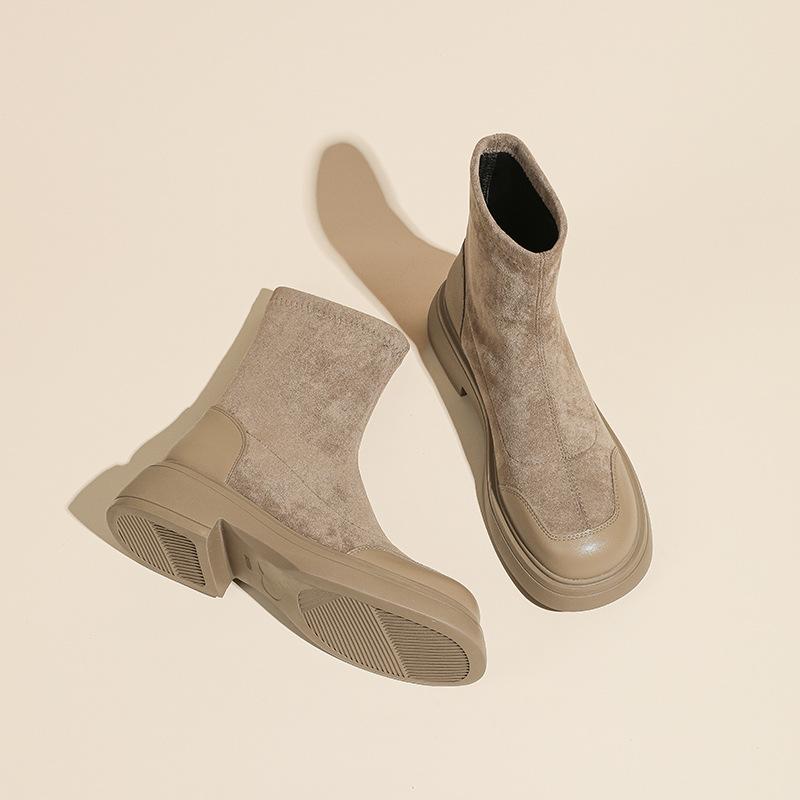 Skinny Korean version round head suede short boots women's socks boots thick-soled muffin bottom elastic thin boots autumn and winter new Martin boots
