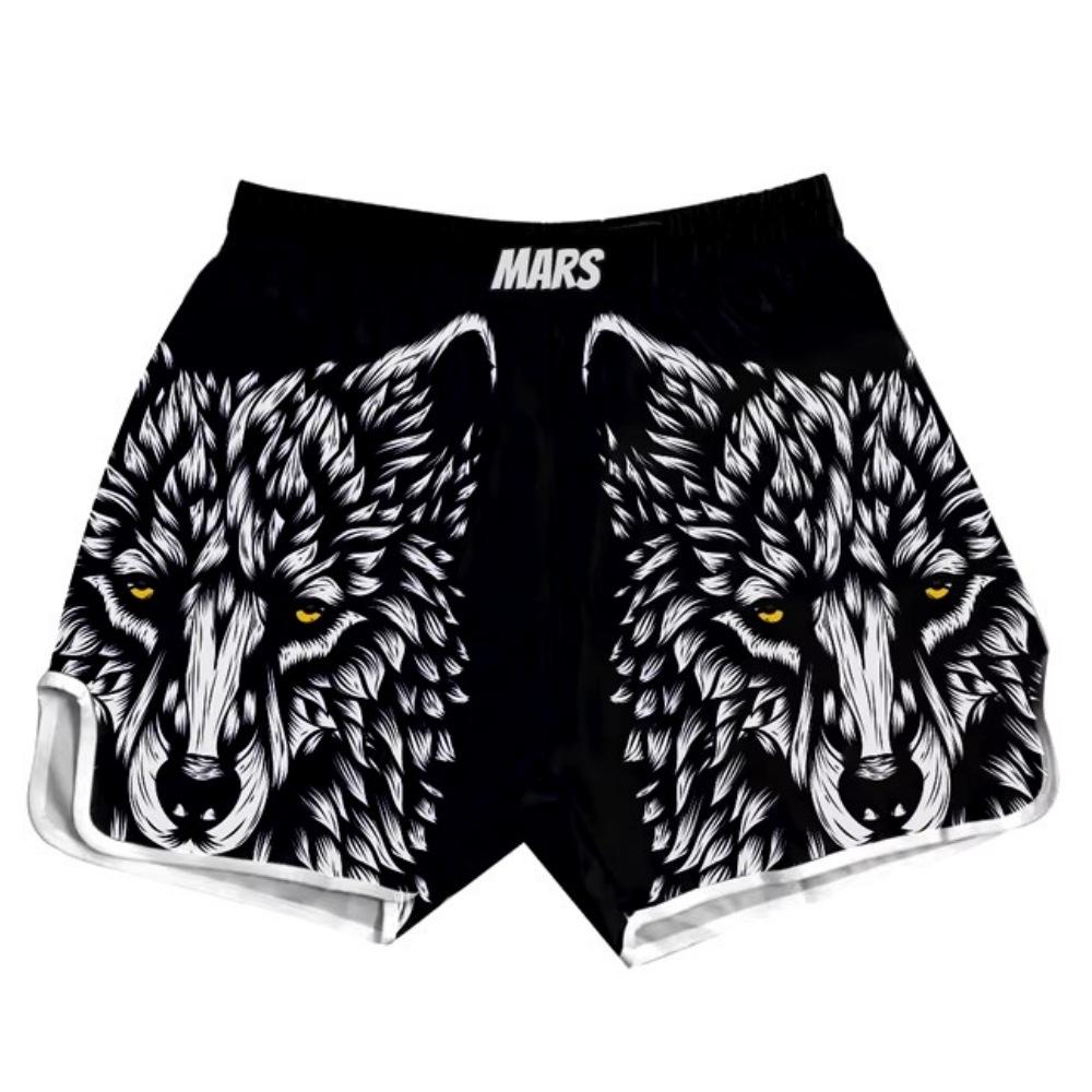 2024 New Wolf Geometric Breathable Print Combat Shorts, Muay Thai Boxing Shorts, Free Sanda Martial Arts Pants