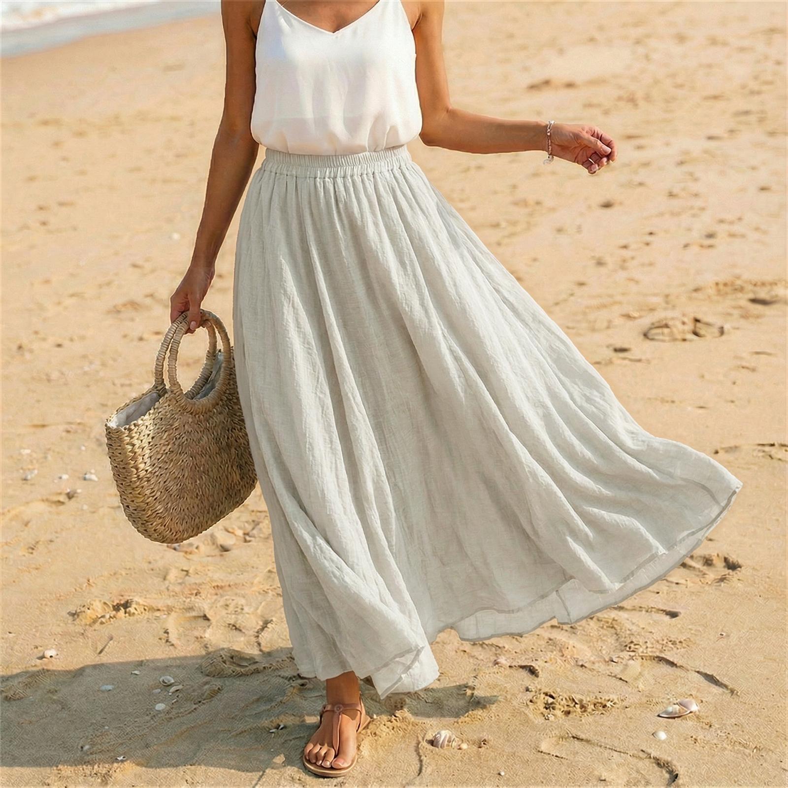 Women Casual Holiday Solid A Line Skirt Cotton Linen Long Skirt Relaxed Fit Elastic Waist Lightweight Flowing Hem Design S бежевый