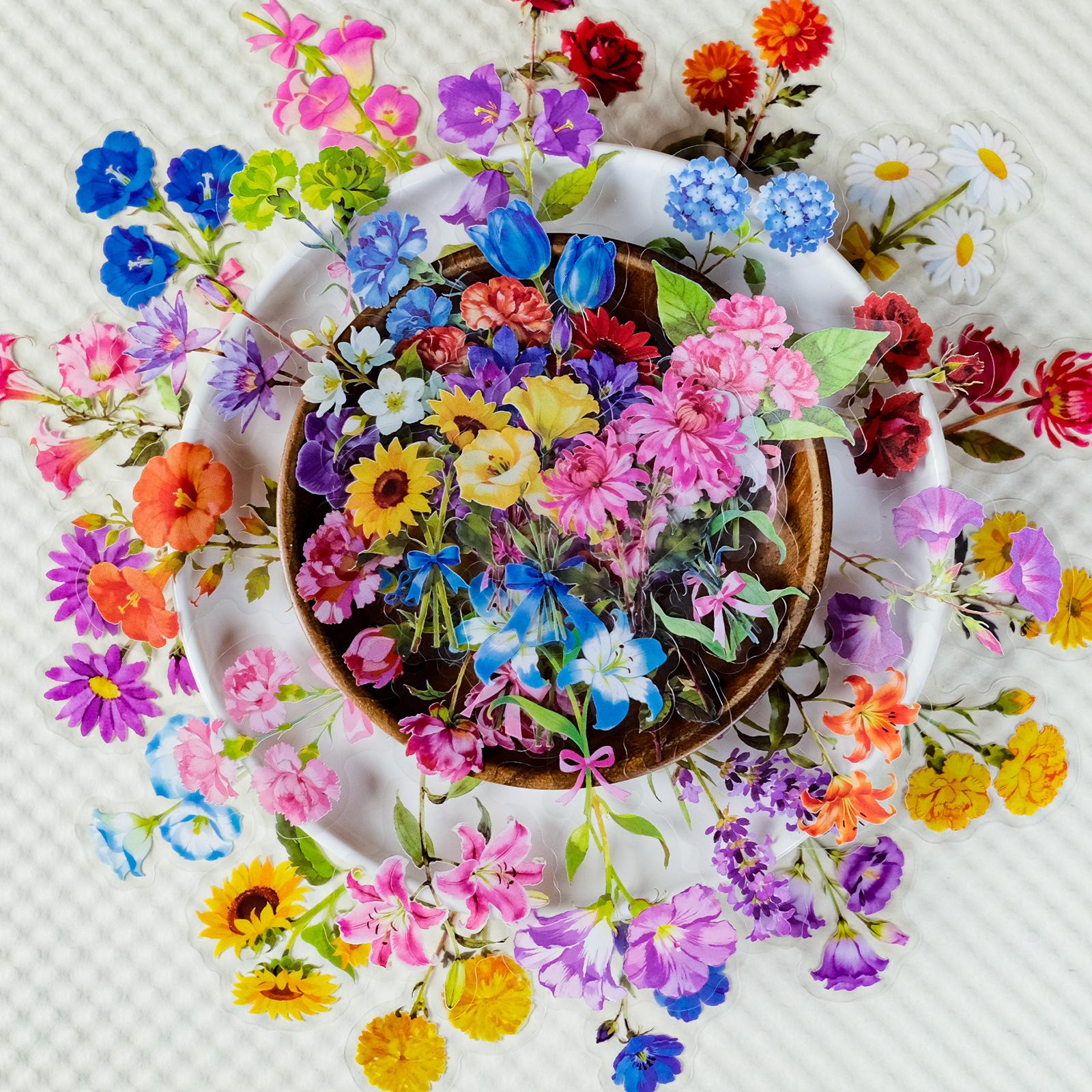 

56 Watercolor Realistic Bouquet Transparent Pet Sticker Decorative Hand Account Notebook Water Cup Waterproof Sticker