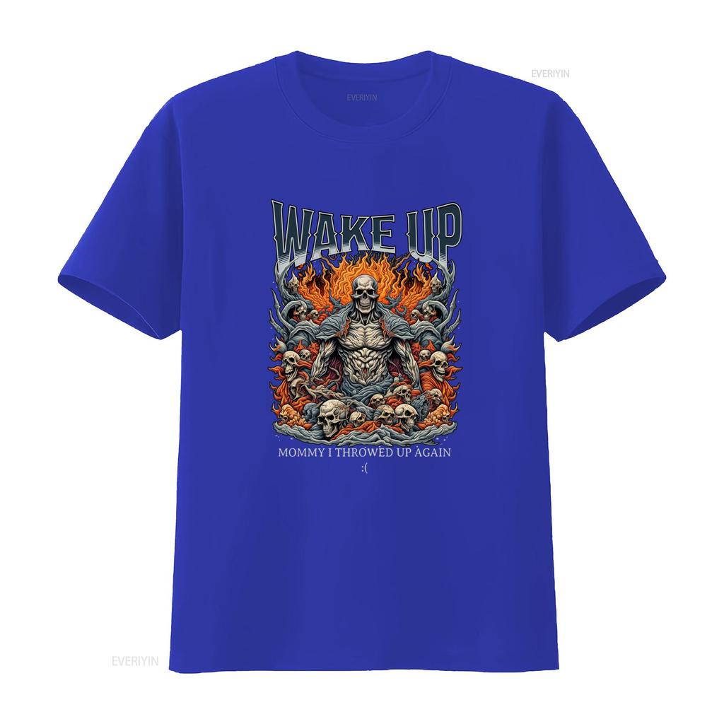 Gothic Wake Up Funny Meme Flame Skull Print Streetwear Casual T Shirt Vintage Stylish Top For Everyday Wear Comfortable