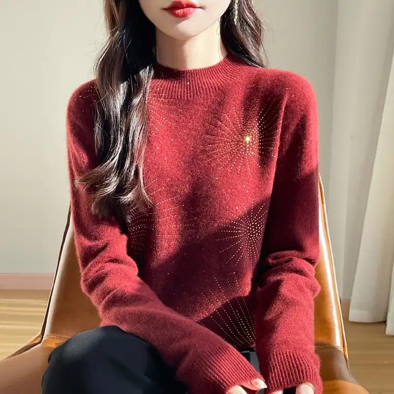 Suéter para Mujer Otoño Invierno Pulóver Espesado Cálido Tejido a Rayas Cuello Redondo Capa Base Elástico Manga Larga Jerséi Oversize Tops