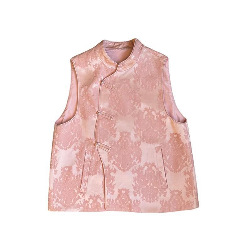 Light Pink Vest Women's Spring and Autumn New Style Temperament Stand-up Collar Retro Clip-on Women's Top Antique Style