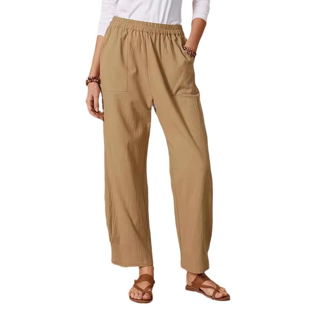Femei de primăvară și de vară Plus Size culoare solidă buzunare talie elastică pantaloni largi casual cu picior larg