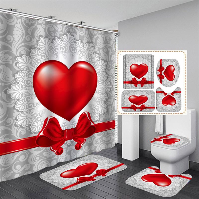 Valentine's Day Bathroom Bathing Waterproof Shower Curtain Home Entrance Doormat Bathtub 4Pcs Set Toilet Seat Cover Rugs Bath Non-Slip Floor Mat Love