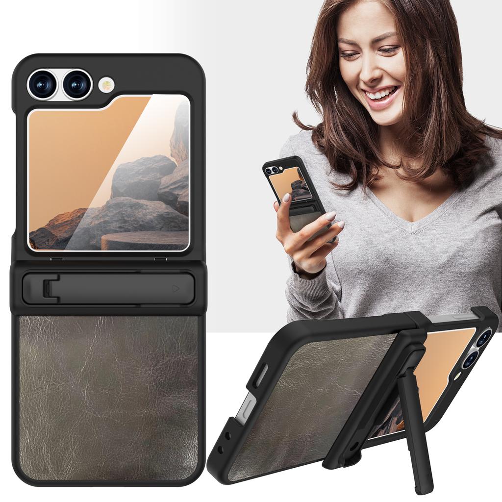 GW181 For Samsung Galaxy Z Flip7 FE 5G/Flip6 5G Kickstand Case Crazy Horse Texture PU PC Phone Back Cover